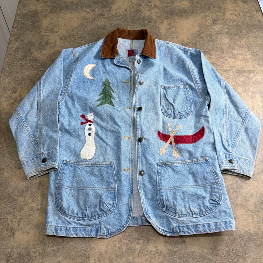 Sun Belt Denim Jean Jacket Womens Medium Blue VTG Nature Patchwork Chore Coat